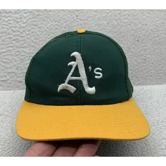 VTG Twins Oakland Athletics Trucker Hat Mens Snapback Green Yellow A's Logo MLB - Picture 2 of 8